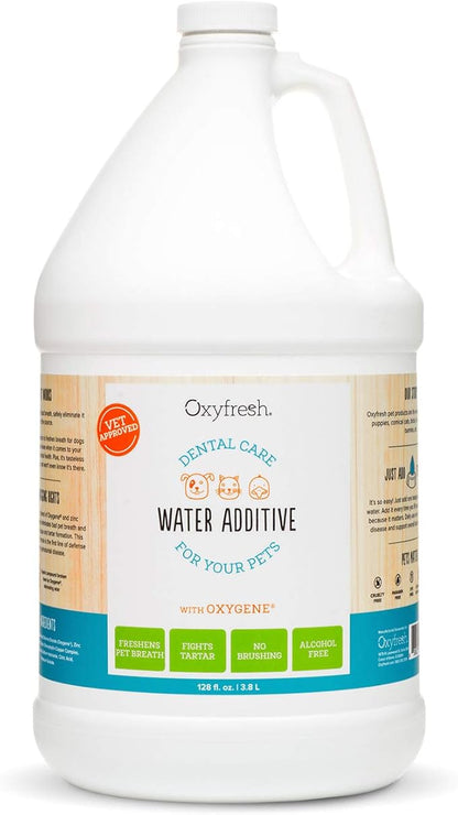 Oxyfresh Premium Pet Dental Care Solution Pet Water Additive: Best Way to Eliminate Bad Dog Breath and Cat Bad Breath - Fights Tartar &amp; Plaque - So Easy, Just Add to Water! Vet Recommended 128 oz.