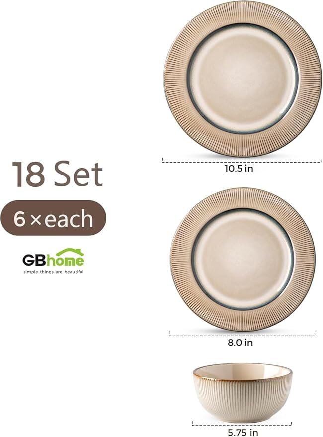 GBHOME Ceramic Dinnerware Sets, 18 Piece Embossed Elegant Stoneware Plates and Bowls Sets, Housewarming Wedding Gift | Dishwasher &amp; Microwave Safe | Dishes Set Service for 8