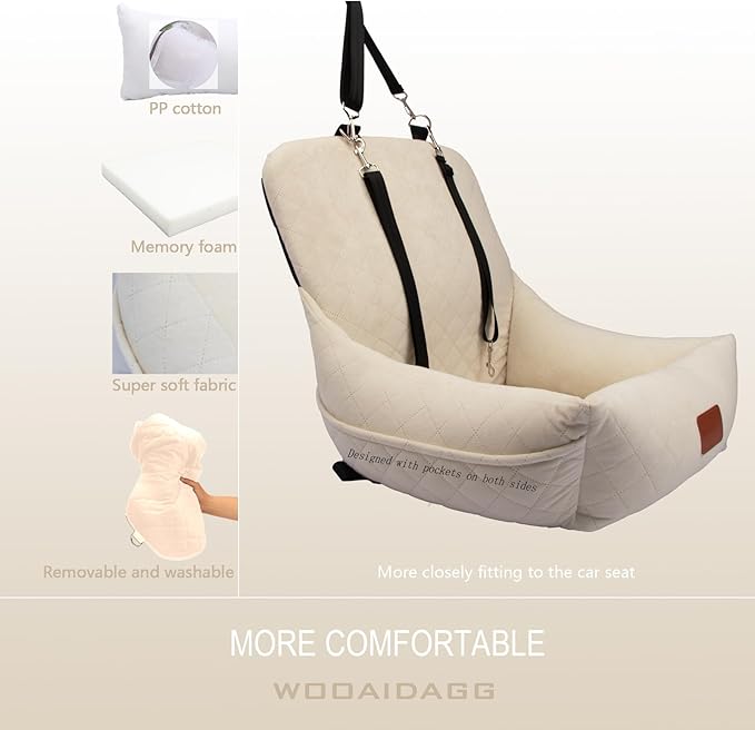 Dog Car Seat for Small Dogs,Ultra-Soft Fabric,2 Storage Pockets &amp; Safety Leash,Adjustable Straps,Easy to Install,Fully Detachable and Washable(Beige)