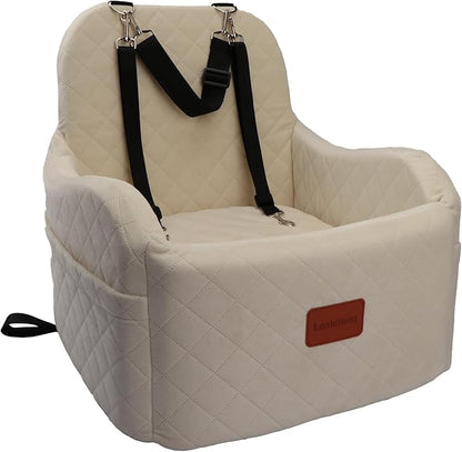 Dog Booster Car Seat,Ultra Soft Fabric &amp; Filling Memory Foam,Elevated Cushion,3 Straps &amp; Safety Belt Channel,Anti-Slip Base,Fully Detachable and Washable(Beige,Medium)
