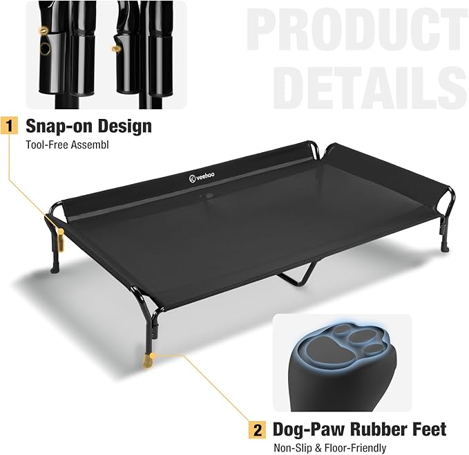 Veehoo Cooling Elevated Dog Bed, Guardrail Raised Pet Cot, Indoor &amp; Outdoor XXL Pet Bed with Washable &amp; Breathable Teslin Mesh, Non-Slip Feet, Dog Couch Bed, 62.5" x 37", Black
