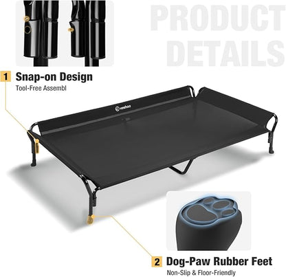 Veehoo Cooling Elevated Dog Bed, XL Raised Pet Cot with Guardrail &amp; Slope Headrest, Durable Breathable Teslin Mesh, Non-Slip Feet, Washable Dog Couch Bed for Indoor &amp; Outdoor, 50.5" x 33.5, Black