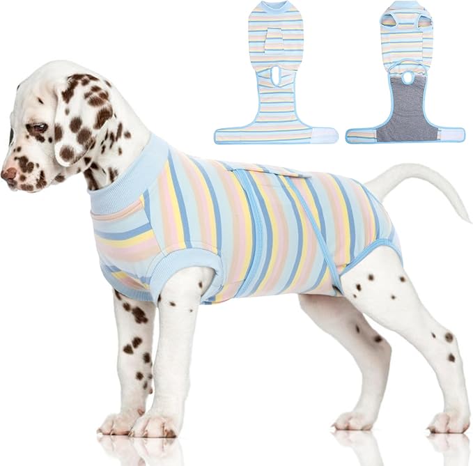 FUAMEY Recovery Suit for Dogs After Surgery,Soft Breathable Dog Bodysuit E-Collar &amp; Cone Alternative Surgical Suit,Male Female Dog Neuter Spay Suits Anti Licking Wounds Onesie Blue Yellow Stripes S