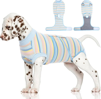 FUAMEY Recovery Suit for Dogs After Surgery,Soft Breathable Dog Bodysuit E-Collar &amp; Cone Alternative Surgical Suit,Male Female Dog Neuter Spay Suits Anti Licking Wounds Onesie Blue Yellow Stripes XS