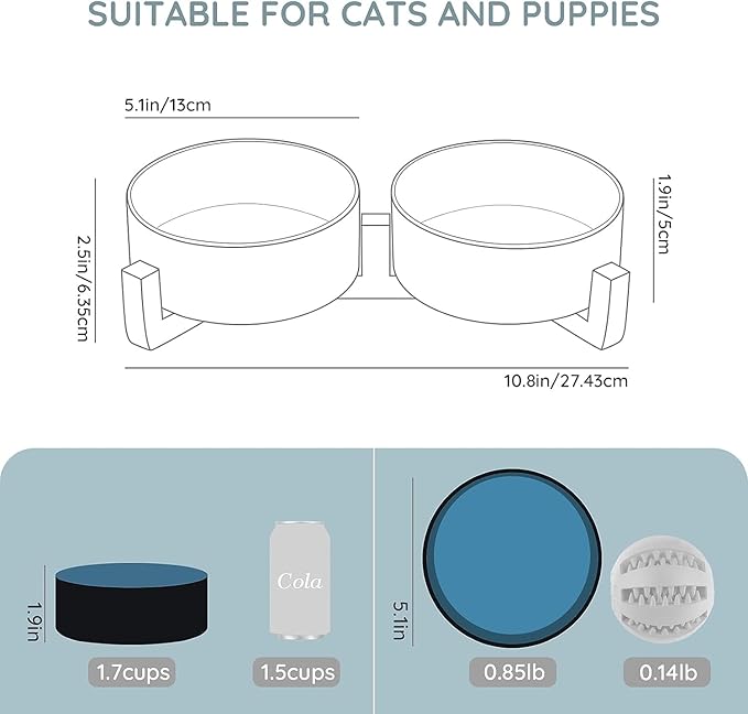 SPUNKYJUNKY Ceramic Dog and Cat Bowl Set with Wooden Stand, Modern Cute Weighted Food Water Set for Small Size Dogs (13.5OZ) &amp; Medium Sized Dogs (28.7OZ) &amp; Cats (1.7 Cups, 2 × Starry Blue)