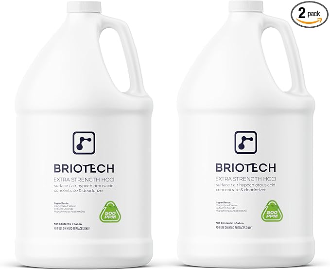 BRIOTECH Extra Strength HOCl Cleaner, 500 PPM Hypochlorous Acid Concentrate, ULV Foggers &amp; Humidifiers, Professional Deodorizer for Dental, Offices, Schools, Homes, Peroxide Free, 1 Gallon (2 Pack)