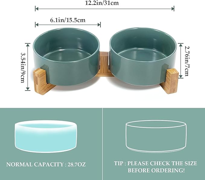 SPUNKYJUNKY Ceramic Dog and Cat Bowl Set with Wooden Stand, Modern Cute Weighted Food Water Set for Small Size Dogs (13.5OZ) &amp; Medium Sized Dogs (28.7OZ) &amp; Cats (3.6 Cups, 2 × Light Green)