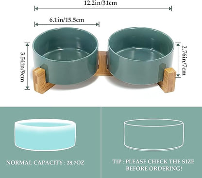 SPUNKYJUNKY Ceramic Dog and Cat Bowl Set with Wooden Stand, Modern Cute Weighted Food Water Set for Small Size Dogs (13.5OZ) &amp; Medium Sized Dogs (28.7OZ) &amp; Cats (3.6 Cups, 2 × Light Green)