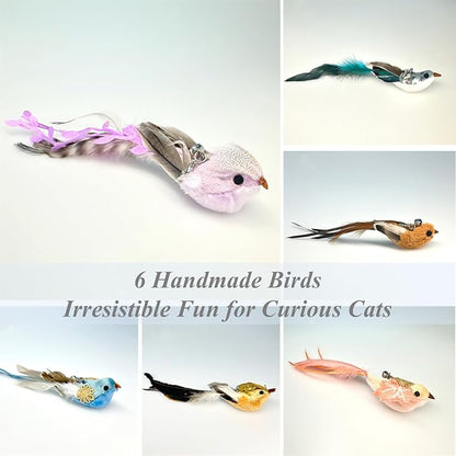 12PCS Interactive Cat Feather Wand Toy Set – 11 Bird &amp; Feather Teaser Refills with Bells + Flexible Suction Cup Wand – Realistic Bird Design, Natural Materials, Indoor Cat Toys for Exercise &amp; Play