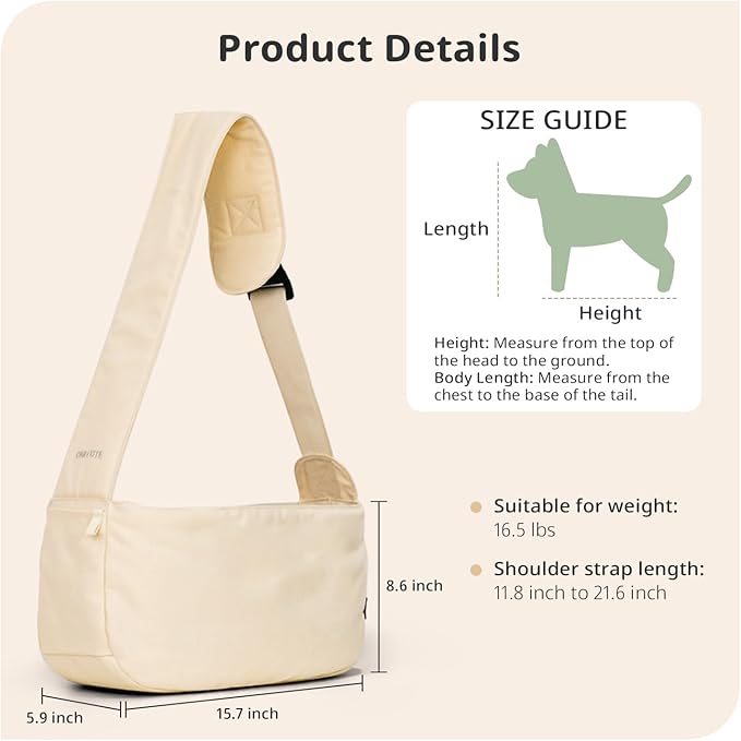 Dog Sling Carrier for Small Dogs and Cats, Lightweight Collapsible Pet Travel Bag with Adjustable Strap, Side Pockets &amp; Breathable Mesh (Beige, 15.7" L x 5.9" W x 8.6" H)