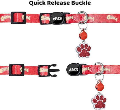 Personalized Breakaway Cat Collars Glow-in-The-Dark with ID Tag, Bell - Safety Quick - Release, Customizable for Female Male Kittens &amp; Cats (Red)
