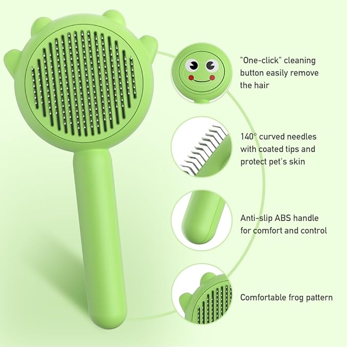 Self-Cleaning Dog &amp; Cat Slicker Brush, Skin Friendly Deshedding Grooming Tool for Long or Short Haired Dogs Cats Rabbits, Dog Shedding Brush with Release Button - Frog