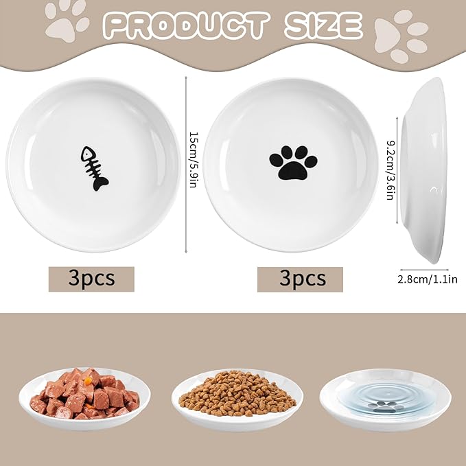 6 Pack Cat Food Bowl, Ceramic Cat Bowls, Anti Whisker Fatigue Cats Bowl Set,5.5 Inches Shallow Wide Kitten Plates for Food and Water (Cat&