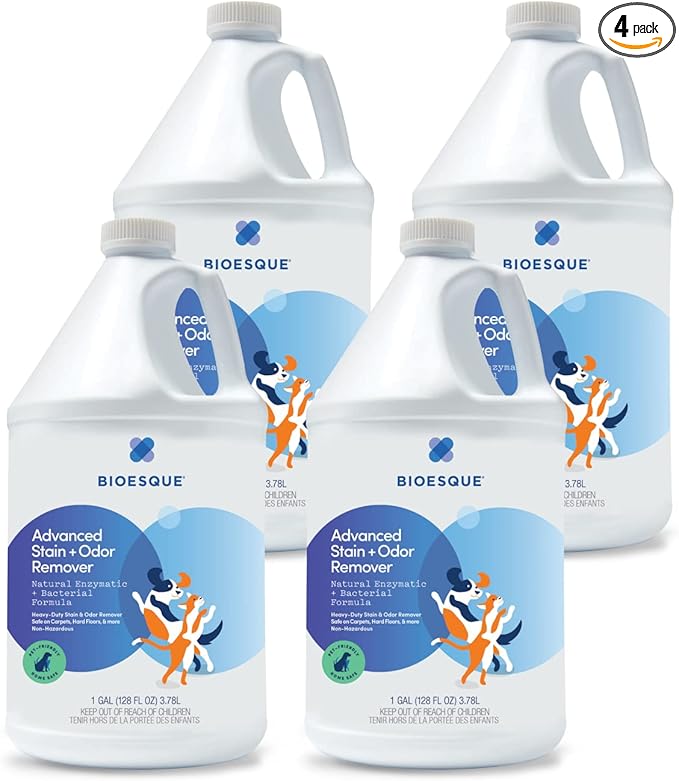 Bioesque Advanced Stain + Odor Remover, Pet-Friendly Natural Enzymatic &amp; Bacterial Formula, Heavy-Duty Stain &amp; Odor Remover, Safe on Carpets, Hard Floors, &amp; More, 1 Gallon (Pack of 4)