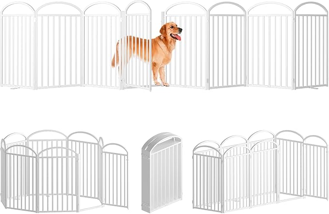 8 Panles Full Matel Freestanding Dog Gates with Door, 192"Extra Wide 36"Tall Free Standing Dog Pet Gate for Indoor &amp; Outdoor. Foldable Pet Fences for Doorways, House, Stairs, Porch, Deck, Yard