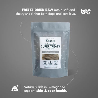 King Lou Pets - Whole Minnows for Cats and Dogs - Freeze Dried Minnows - USA-Made Freeze Dried Dog Treats and Cat Treats - Omega Rich for Skin and Coat Health - 1 lb Prior to Freeze-Drying
