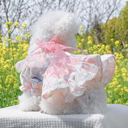 Pink Dog Dress for Small Dog Girl Spring Puppy Clothes with Bow Puff Sleeves Cat Outfit Doggy Princess with Leash Ring Doggies Harness Dress Summer Pet Apparel (Pink, X-Small)
