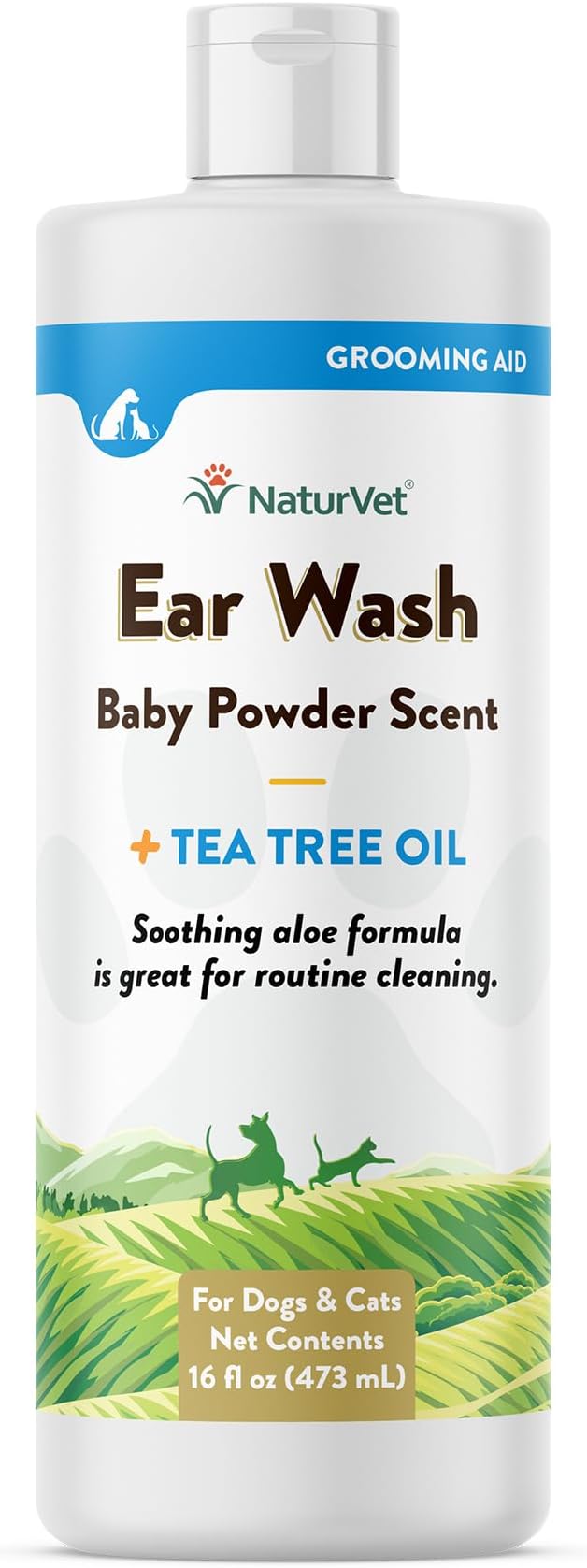 NaturVet Ear Wash Liquid Supplement for Dogs &amp; Cats – Pet Health Supplement Cleans Dog, Cat Ear Canals – Includes Aloe, Tea Tree Oil – Helps Remove Pet Ear Wax, Dirt, Debris – 16 Oz.