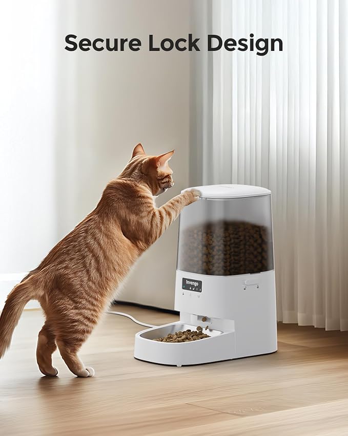 Cat Feeder Automatic - Cat Food Dispenser MeowServe S20, Auto Dog Feeder with Stainless Steel Bowl, 5L Pet Feeder with Patented Anti-Jam Port, App, Dual Lock Lid, Dual-Band WiFi &amp; Power, White
