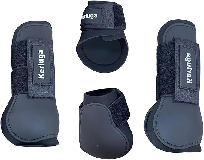 Horse Boots Set of 4 Open Front &amp; Fetlock Tendon Boot for Horses Professional Sport Protection Impact-Absorbing Equine Leg Support Wraps for Jumping, Riding, Training (Black, Full)