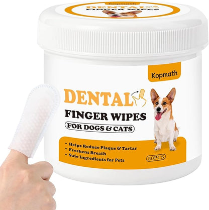 Dog Dental Wipes, Dog Teeth Cleaning Finger Wipes, Reduce Plaque &amp; Tartar, Freshen Breath, Safe Natural Pet Dental Care Finger Wipes for Dog &amp; Cat, Portable &amp; Disposable Dog Tooth Wipes, 50 Ct