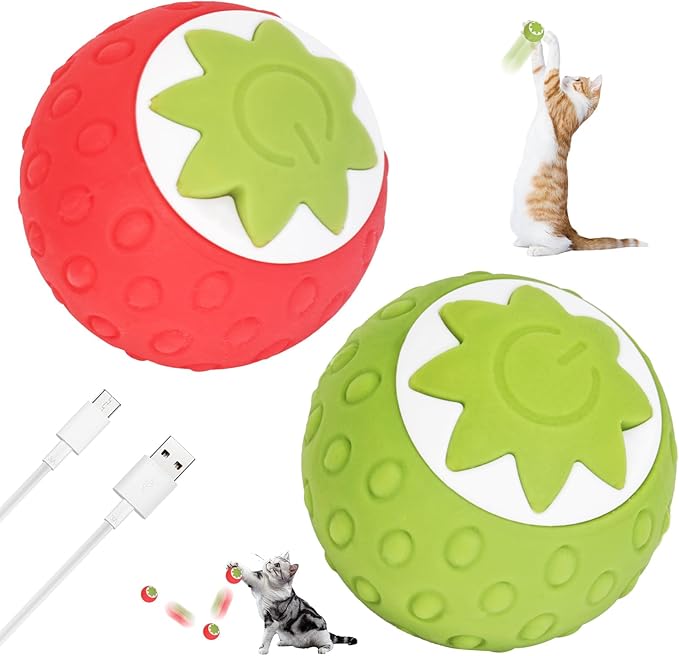 2Pcs Self-Moving Electric Cat Toy Ball with LED - Automatic Interactive Cat Toys for Indoor Cats, Smart Strawberry Design Stimulates Hunting Instincts, Boredom Relief &amp; Exercise for Solo Play