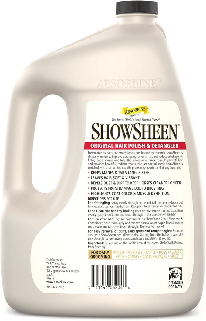 Absorbine ShowSheen Hair Polish &amp; Detangler 128oz Refill Jug, Horse and Dog Coat, Mane and Tail, Instant Detangling &amp; Reduces Hair Breakage for Healthy Grooming &amp; Radiant Shine