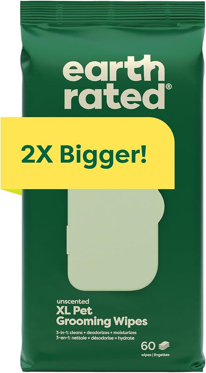Earth Rated XL Pet Wipes for Dogs &amp; Cats, 3-in-1 Hypoallergenic Cleaning, Deodorizing and Hydrating Extra Large Grooming for Body, Paws and Butt, Unscented, 60 Count