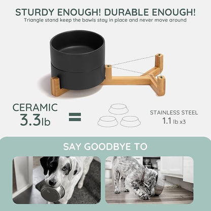 SPUNKYJUNKY Ceramic Dog and Cat Bowl Set with Wooden Stand, Modern Cute Weighted Food Water Set for Small Size Dogs (13.5OZ) &amp; Medium Sized Dogs (28.7OZ) &amp; Cats (1.7 Cups, 2 × Black)