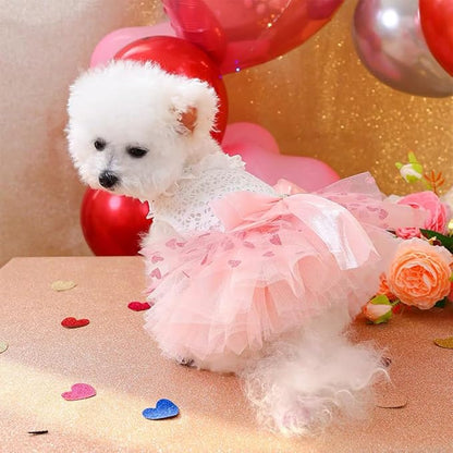 Dog Princess Dress with Heart Patterns &amp; Bow Puppy Clothes for Small Dogs Girl Fancy Cat Birthday Outfit Pet Wedding Dresses (Pink White, Small)