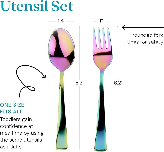 Ahimsa Stainless Steel Kids Utensils - Kids Fork and Spoon Set, Pediatrician Designed Rainbow Silverware Set, 100% BPA Free &amp; Dishwasher Safe (Rainbow)