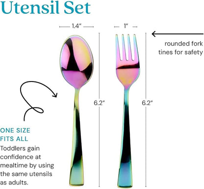 Ahimsa Stainless Steel Kids Utensils - Kids Fork and Spoon Set, Pediatrician Designed Rainbow Silverware Set, 100% BPA Free &amp; Dishwasher Safe (Rainbow)