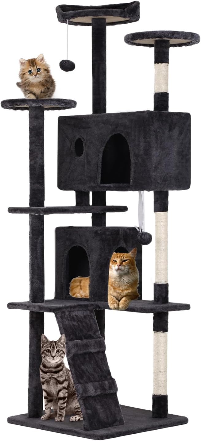 FDW Cat Tree 70in Cat Tower Multi-Level Durable Cat Scratching Post &amp; Cozy Fun Cat Jumping Platform Space Saving Cat Condo Pet Play House for Indoor Cats,Dark Gray