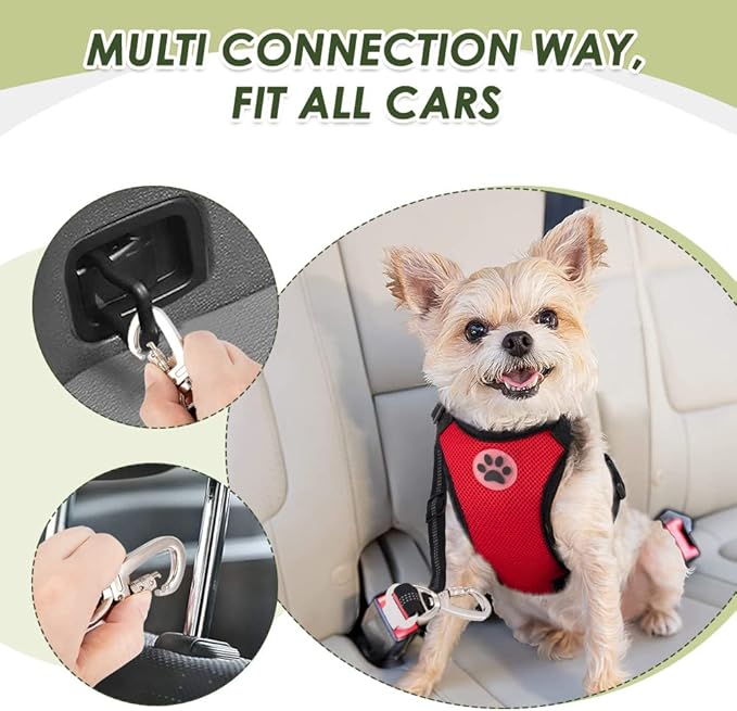 SlowTon Dog Seat Belt Harness for Car, Dog Car Harness Adjustable Mesh Breathable &amp; Dog Seatbelt Safety Tether with Elastic Bungee for Small Medium Large Pets(Red, Double Clip, XXXS)