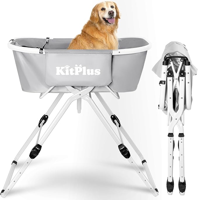 Elevated Dog Bathtub, 5 Height Adjustable Portable Dog Wash Station for Small to Large Pets, Foldable Bathing Tub with Storage &amp; Anti-Slip Design Gray