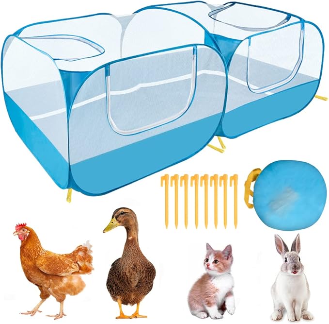 Lukovee Small Animals Playpen, Chicken Pen with Escape-Proof Detachable Bottom &amp; 4 Zipper Doors, Breathable Foldable Portable Large Chicken Run Coop for Puppy Duck Kitten Rabbits Outdoor Yard (Blue)