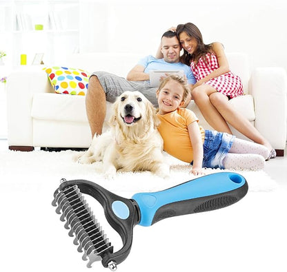 Pet Grooming Tool - 2 Sided Undercoat Rake for Cats and Dogs - Safe Dematting Comb for Easy Mats &amp; Tangles Removing - No More Nasty Shedding and Flying Hair
