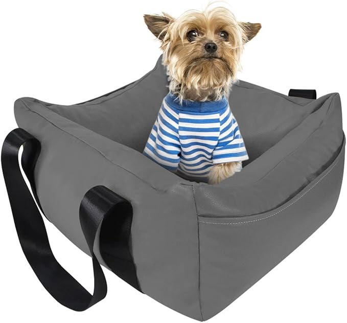 Dog Car Seat for Small Dogs, Large Leather Dog Car Bed with Storage Pocket, Waterproof PVC Leather Booster Seat Travel Bed for Front &amp; Back Seat, Clip-On Safety Leash (Grey)