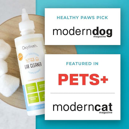 Oxyfresh Advanced Pet Ear Cleaner - Best Dog Ear Cleaner Solution - Helps with Yeast, Wax, Dirt &amp; Itchy Ear Canal - Cleaning, Soothing, &amp; Sting-Free Dog Ear Wash &amp; Cat Ear Rinse 8oz