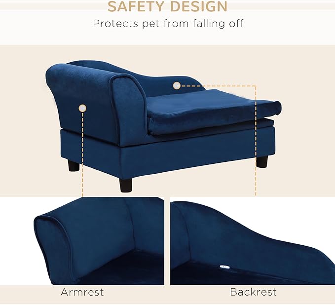 PawHut Luxury Fancy Dog Couch with Hidden Storage, Small Dog Sofa Bed with 2" Soft Foam, Modern Pet Furniture for Puppies &amp; Little Breeds, Blue
