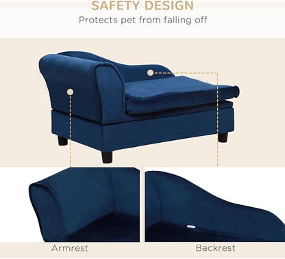 PawHut Luxury Fancy Dog Couch with Hidden Storage, Small Dog Sofa Bed with 2" Soft Foam, Modern Pet Furniture for Puppies &amp; Little Breeds, Blue