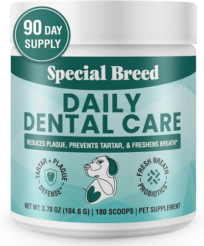Dog Teeth Cleaning Powder – Natural Dog Dental Powder for Tartar Control, Fresh Breath &amp; Gum Health – Daily Plaque Remover with Zeolite, Brown Algae, Probiotics &amp; Rosemary – 180 Scoops