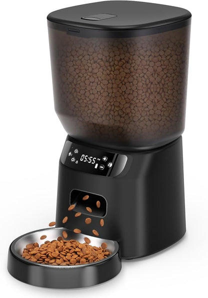 Automatic Cat Feeder, Cat Food Dispenser with Stainless Steel Bowl, Timed Portion Control 20 Portions 6 Meals Per Day, Voice Recorder, Dual Power Supply for Small Dogs (Black)