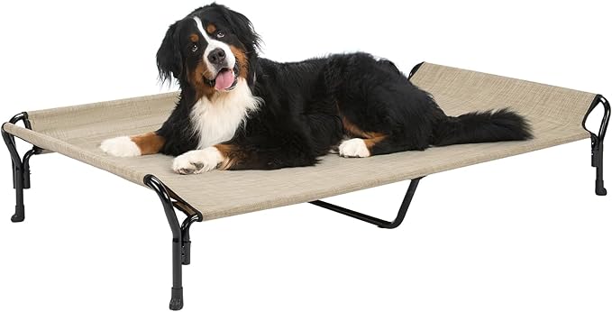 Veehoo Cooling Elevated Dog Bed, Guardrail Raised Pet Cot, Indoor &amp; Outdoor XXL Pet Bed with Washable &amp; Breathable Teslin Mesh, Non-Slip Feet, Dog Couch Bed, 62.5" x 37", Beige Coffee