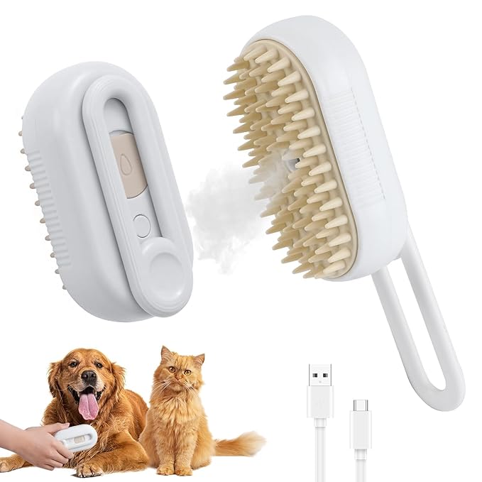 4 in 1 Cat Steam Brush Rechargeable pet spray comb Steam Brush for Cats and Dogs, Massage, Cleaning, Shedding &amp; Combing Multifunctional Hair Removal Anti Static Grooming Tool for home (White)