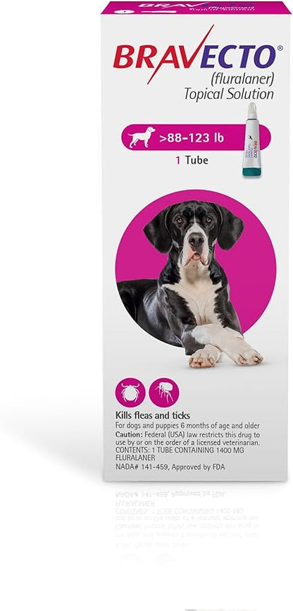BRAVECTO Topical Solution for Dogs, Flea &amp; Tick, 12 Week Supply, >88-123 lbs., Pink Box