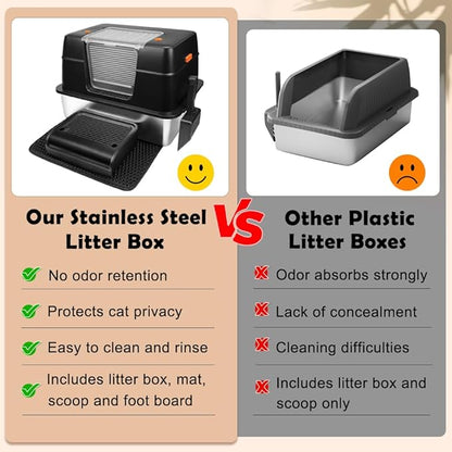 Vivifying Stainless Steel Litter Box, XL Side Entry Extra Large Litter Box with Lid for Big Cats &amp; Kitty, Removable Enclosed Metal Cat Pan with High Sided Enclosure, Scoop, Mat, Footboard (Black)