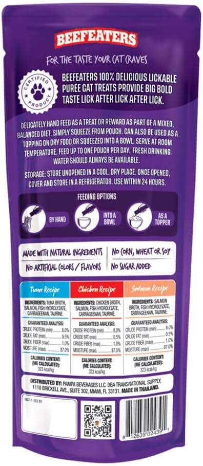 Beefeaters Cat Treats Lickable Puree 1.59oz (12-Pack) – Chicken, Grain-Free, Taurine-Enriched, Ideal for Training &amp; Interactive Feeding