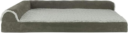 Furhaven Cooling Gel Dog Bed for Large Dogs w/ Removable Bolsters &amp; Washable Cover, For Dogs Up to 95 lbs - Two-Tone Plush Faux Fur &amp; Suede L Shaped Chaise - Dark Sage, Jumbo/XL