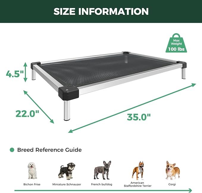 FXW TitanNest Chew-Proof Elevated Dog Bed, Raised Cot for Indoor/Outdoor/Camping Use, Durable &amp; Waterproof Cooling Pet Bed for Small Dogs, 35.0" L x 22.0" W x 4.5" H, Black